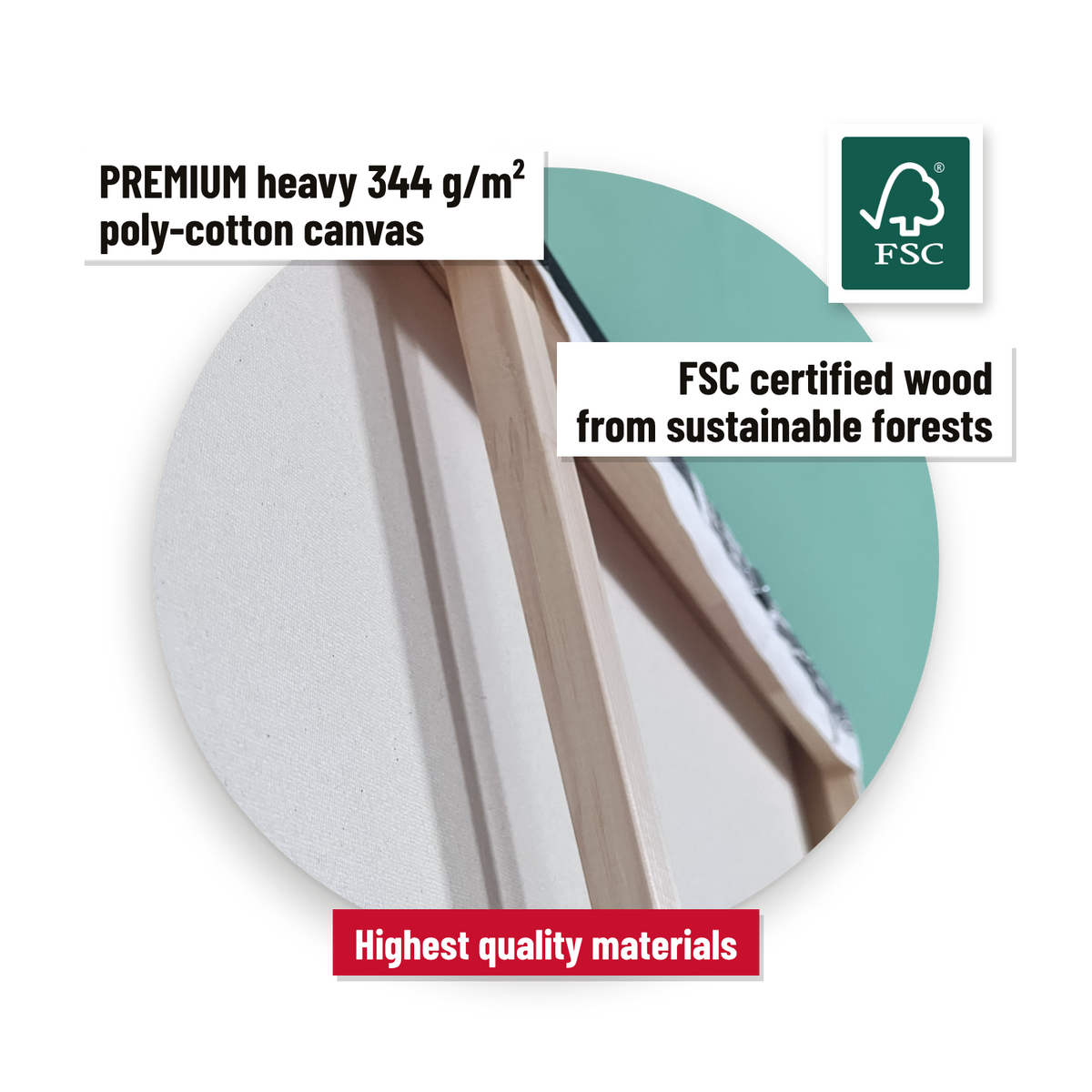 Highest quality materials: premium 344 g/m2 poly-cotton canvas and FSC-certified wood.