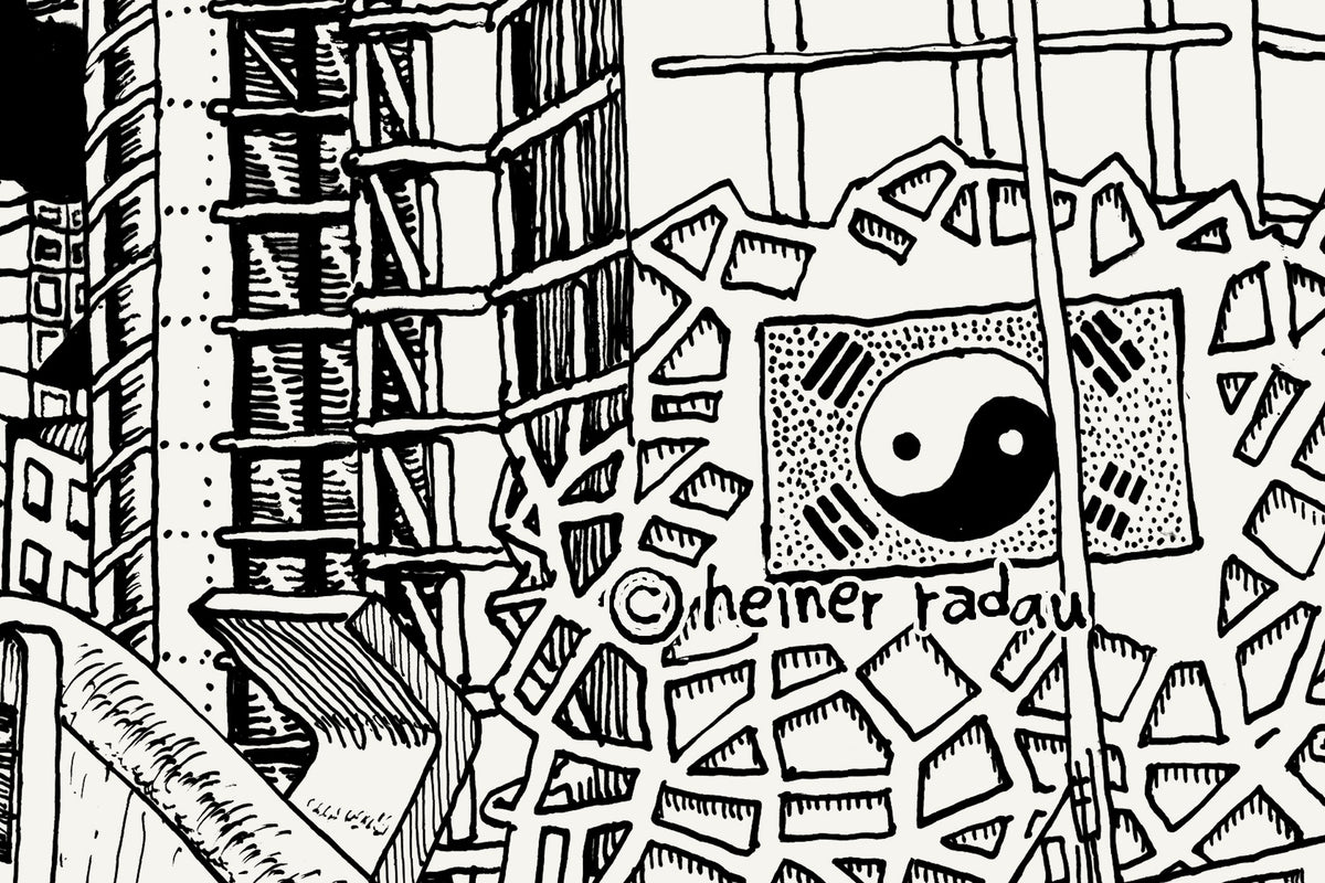 Close-up of the Seoul ink drawing with the hand-written © heiner radau signature in the lower right corner