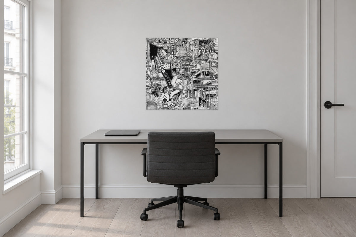 Unframed Seoul fine art poster 50 × 50 cm above a desk in a home office