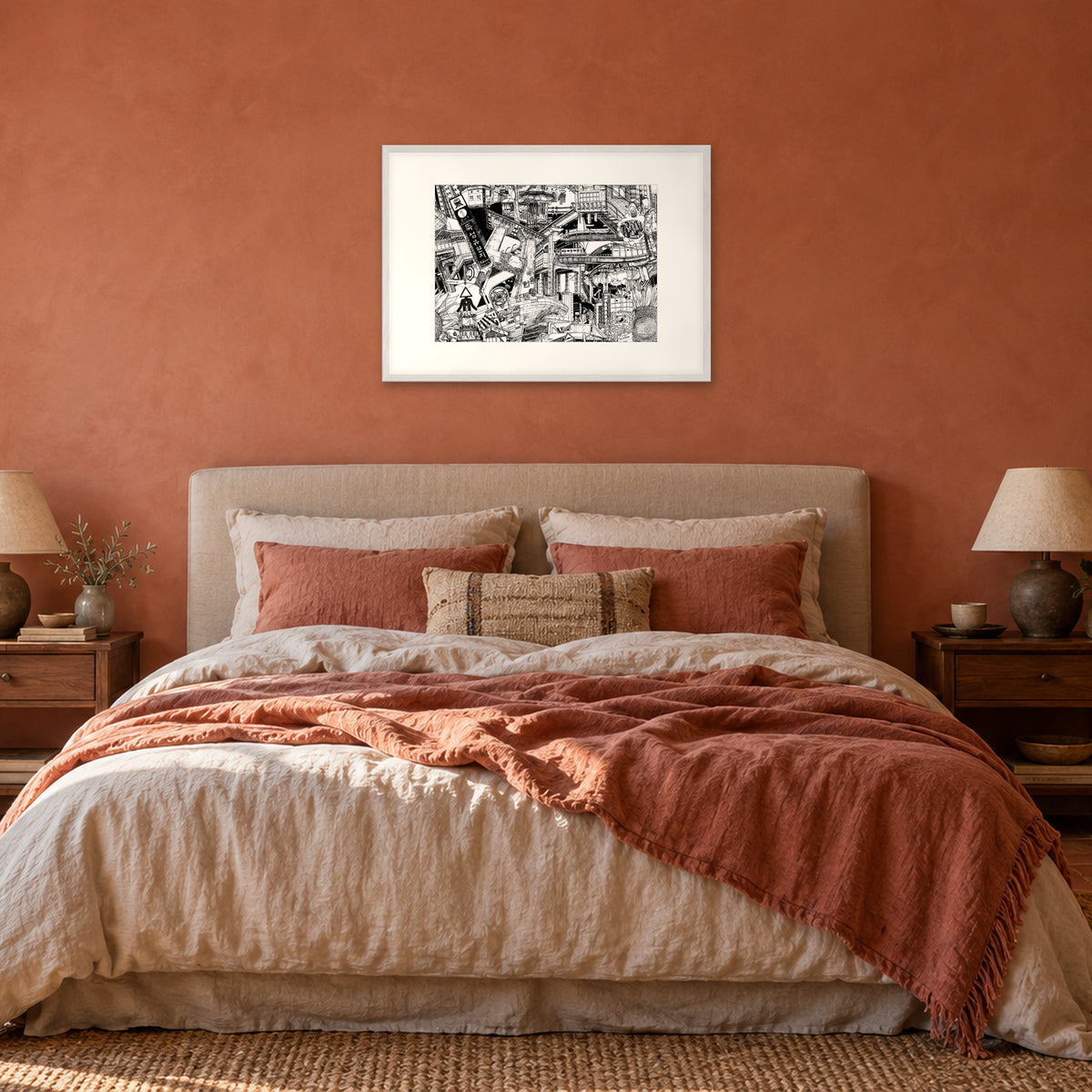 Seoul fine art poster A1 landscape in a white wood frame with white passepartout above the headboard in a terracotta bedroom