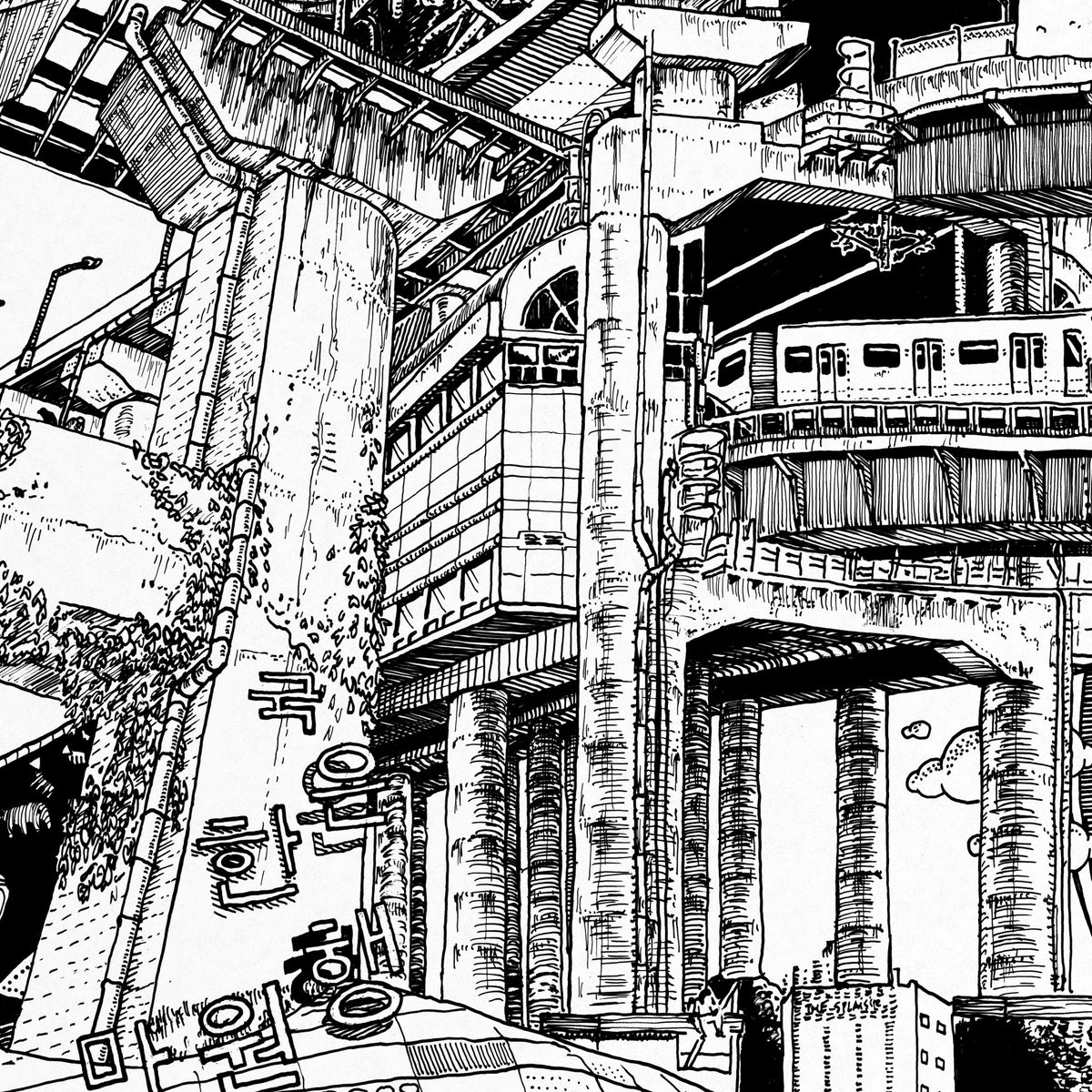 Close-up of the Seoul pen and ink drawing printed on matte 230 g/m² fine art paper