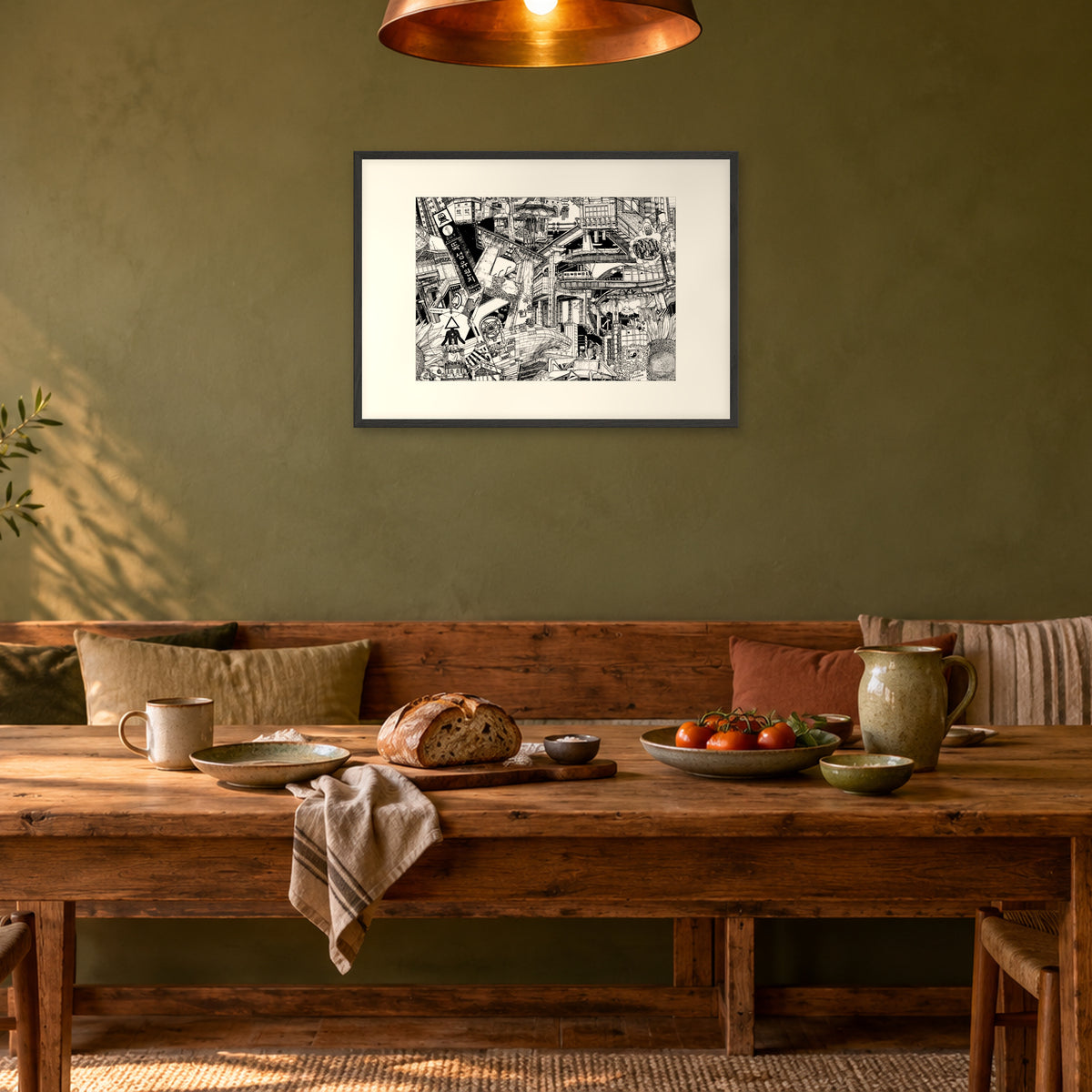 Seoul fine art poster A1 landscape in a black wood frame with white passepartout above a dining bench in an olive-green room