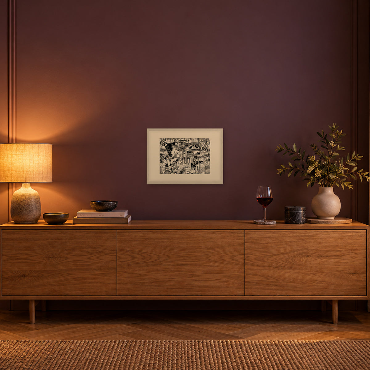 Seoul fine art poster A3 landscape in a white wood frame with passepartout above an oak sideboard in evening light