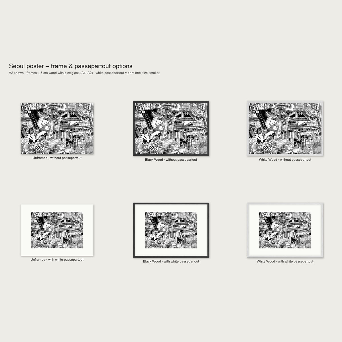 Frame and passepartout options for the Seoul landscape poster: unframed, black wood or white wood, with or without white passepartout