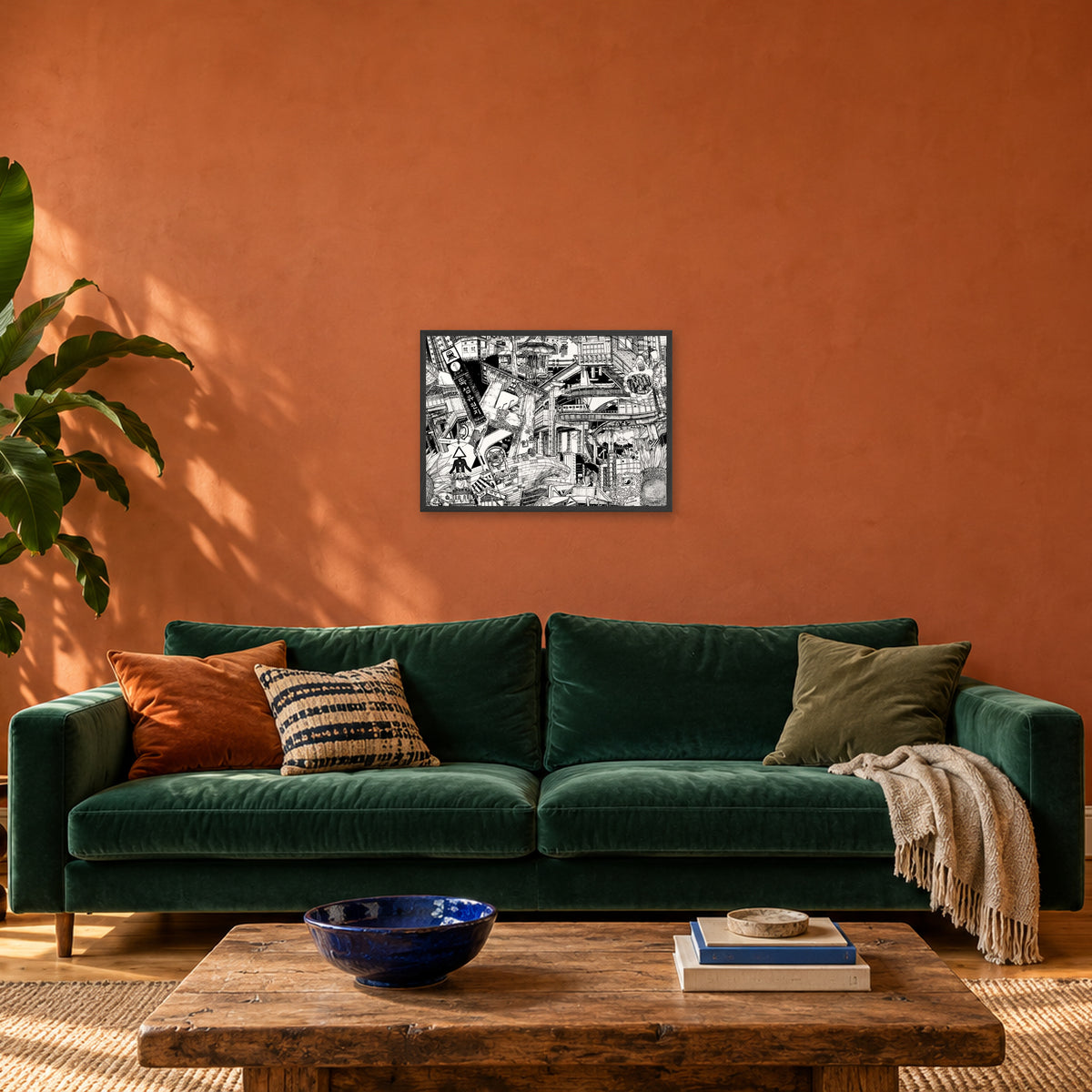 Seoul fine art poster A2 landscape in a black wood frame above a green velvet sofa in a terracotta living room