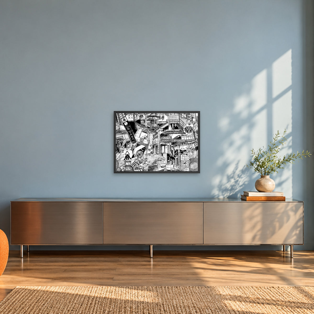 Seoul fine art poster A2 landscape in a black wood frame in a sunlit loft