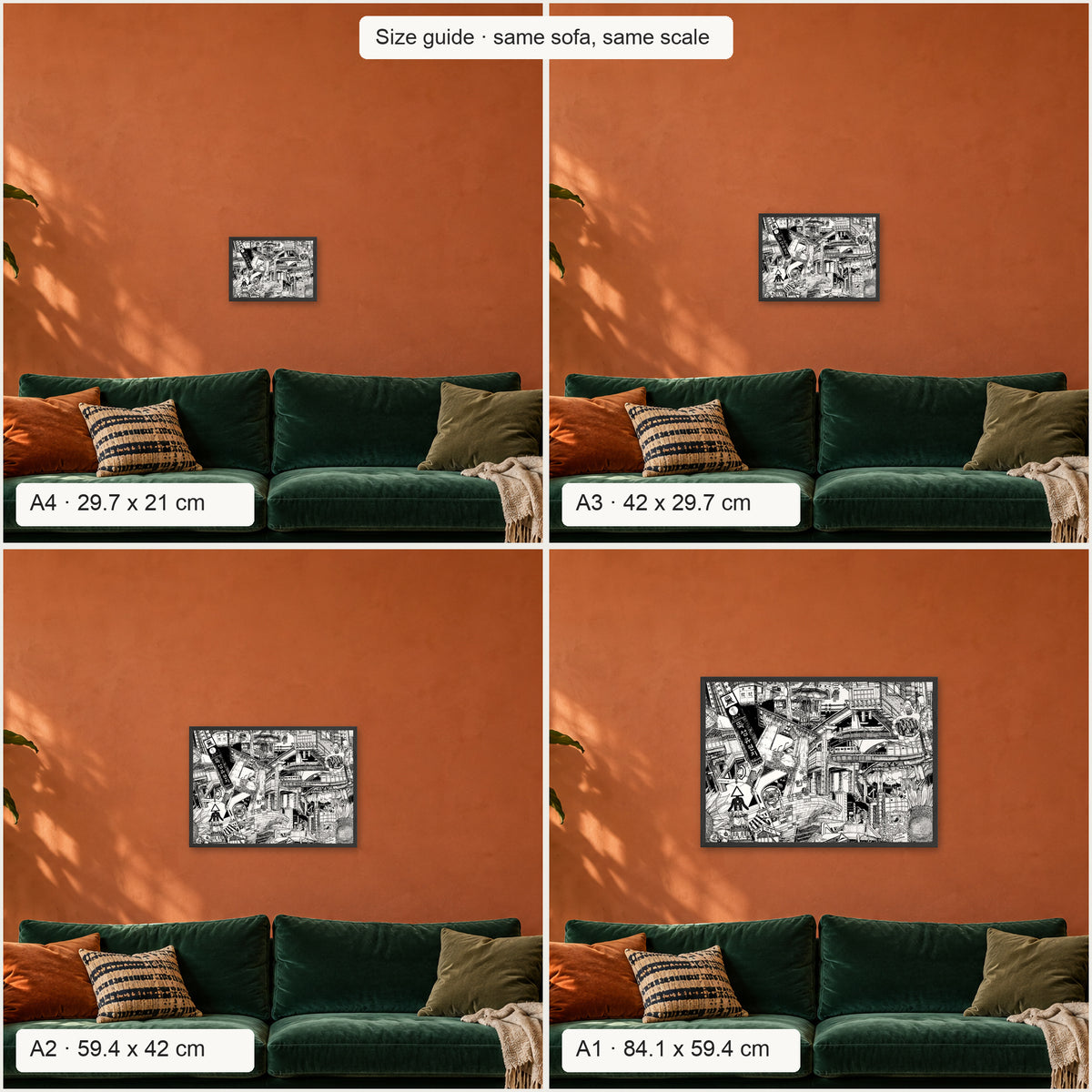 Size guide: Seoul landscape poster in A4, A3, A2 and A1 above the same sofa, to scale