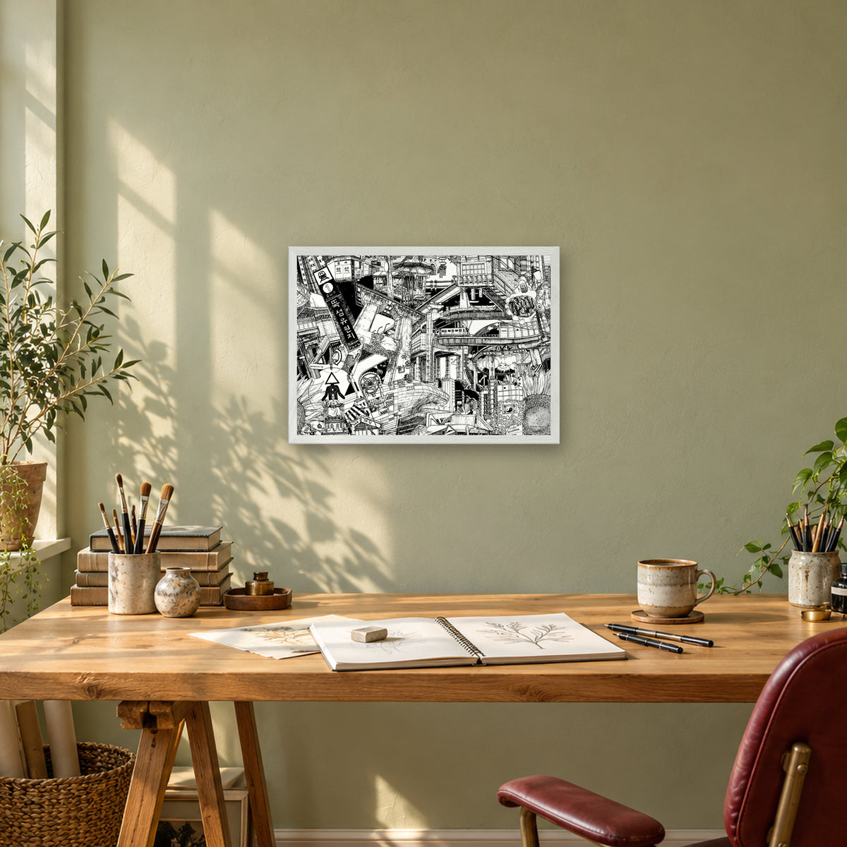 Seoul fine art poster A3 landscape in a white wood frame above a drawing desk in a sage-green studio