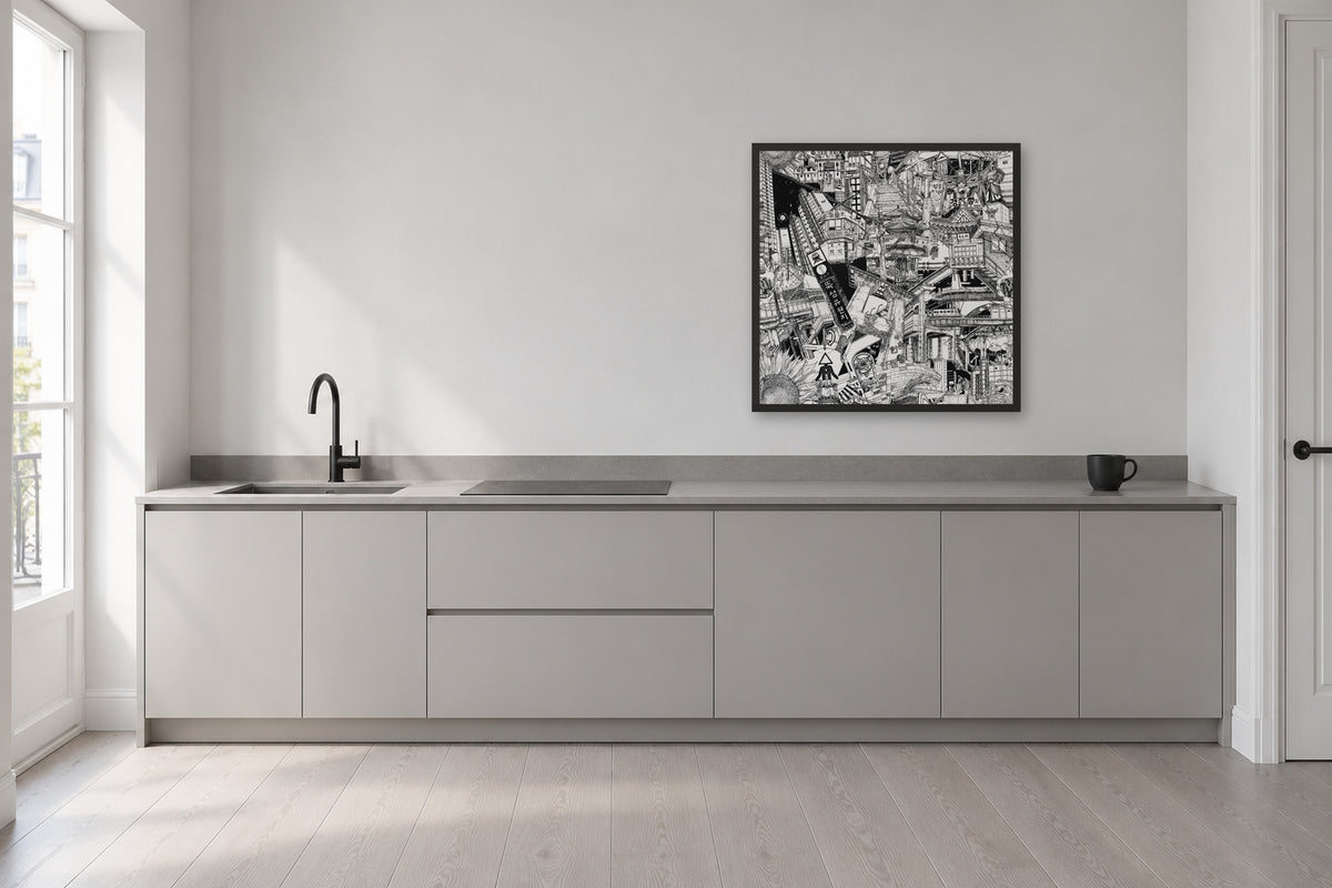 Seoul fine art poster 50 × 50 cm in a black wood frame above a kitchen counter