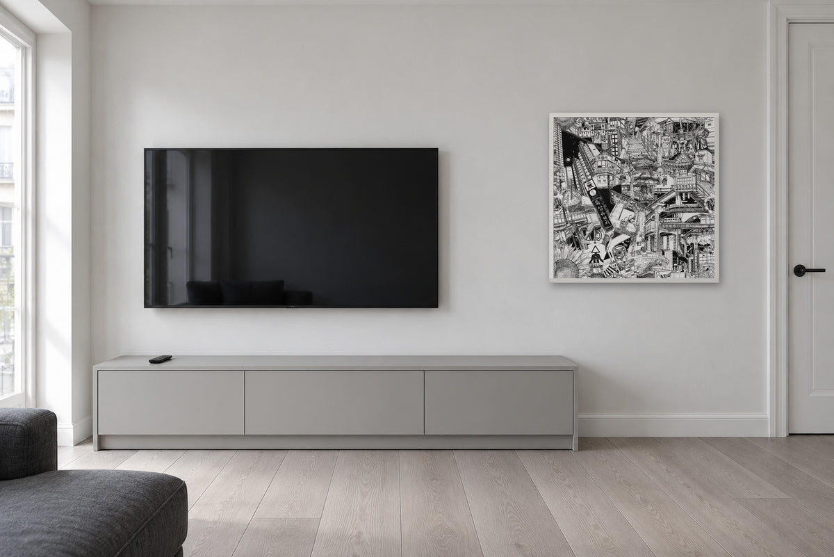 Seoul fine art poster 70 × 70 cm in a white wood frame in a living room next to a TV