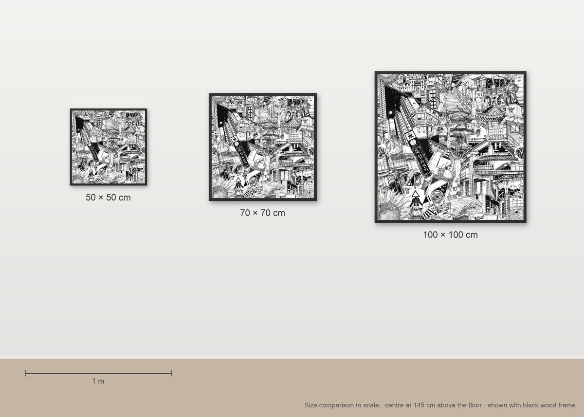 Size comparison of the Seoul fine art poster in 50 × 50, 70 × 70 and 100 × 100 cm, to scale on a wall