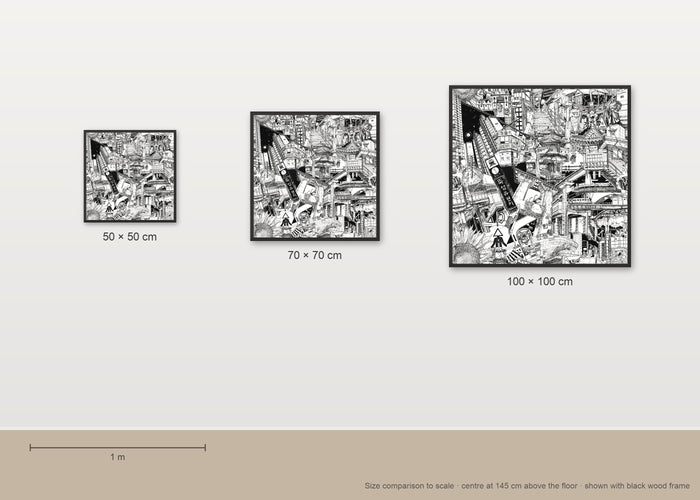 Size comparison of the Seoul fine art poster in 50 × 50, 70 × 70 and 100 × 100 cm, to scale on a wall