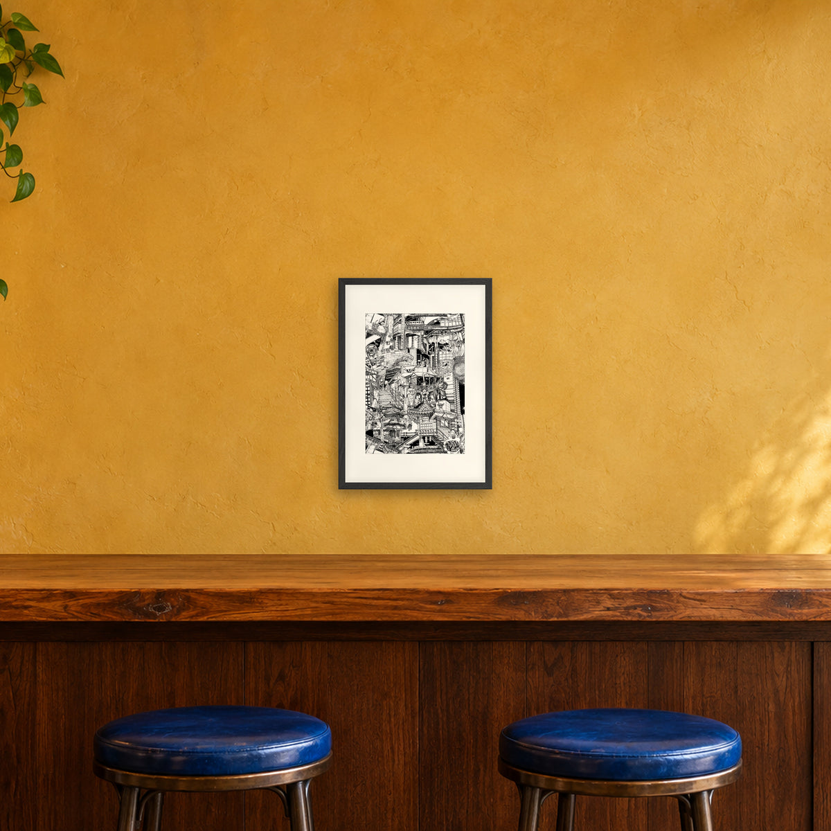 Seoul fine art poster A3 portrait in a black wood frame with white passepartout above a café bar counter