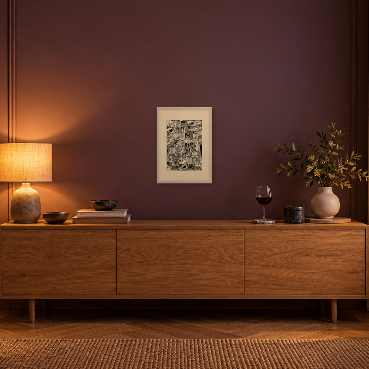 Seoul fine art poster A3 portrait in a white wood frame with passepartout above an oak sideboard in evening light