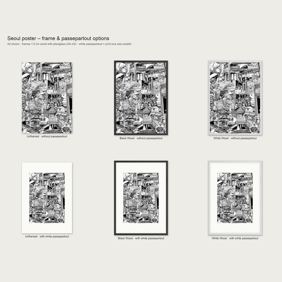 Frame and passepartout options for the Seoul portrait poster: unframed, black wood or white wood, with or without white passepartout