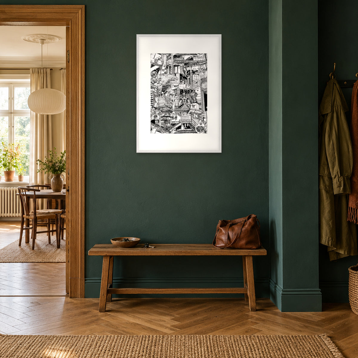 Seoul fine art poster A1 portrait in a white wood frame with white passepartout in a petrol-green hallway above an oak bench