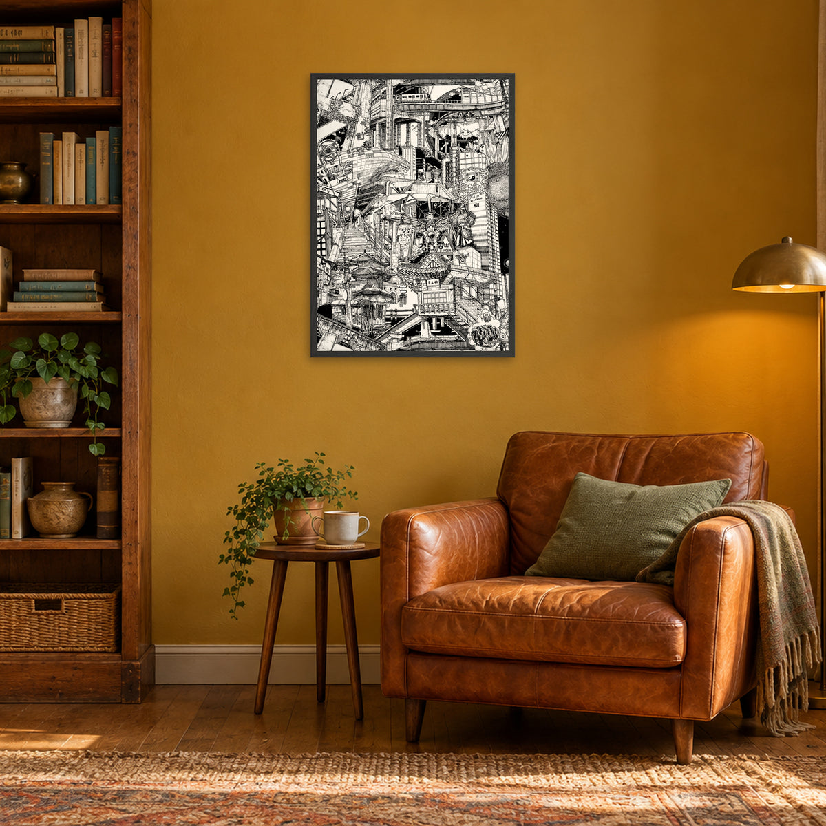 Seoul fine art poster A1 portrait in a black wood frame above a leather armchair in a mustard-yellow reading corner