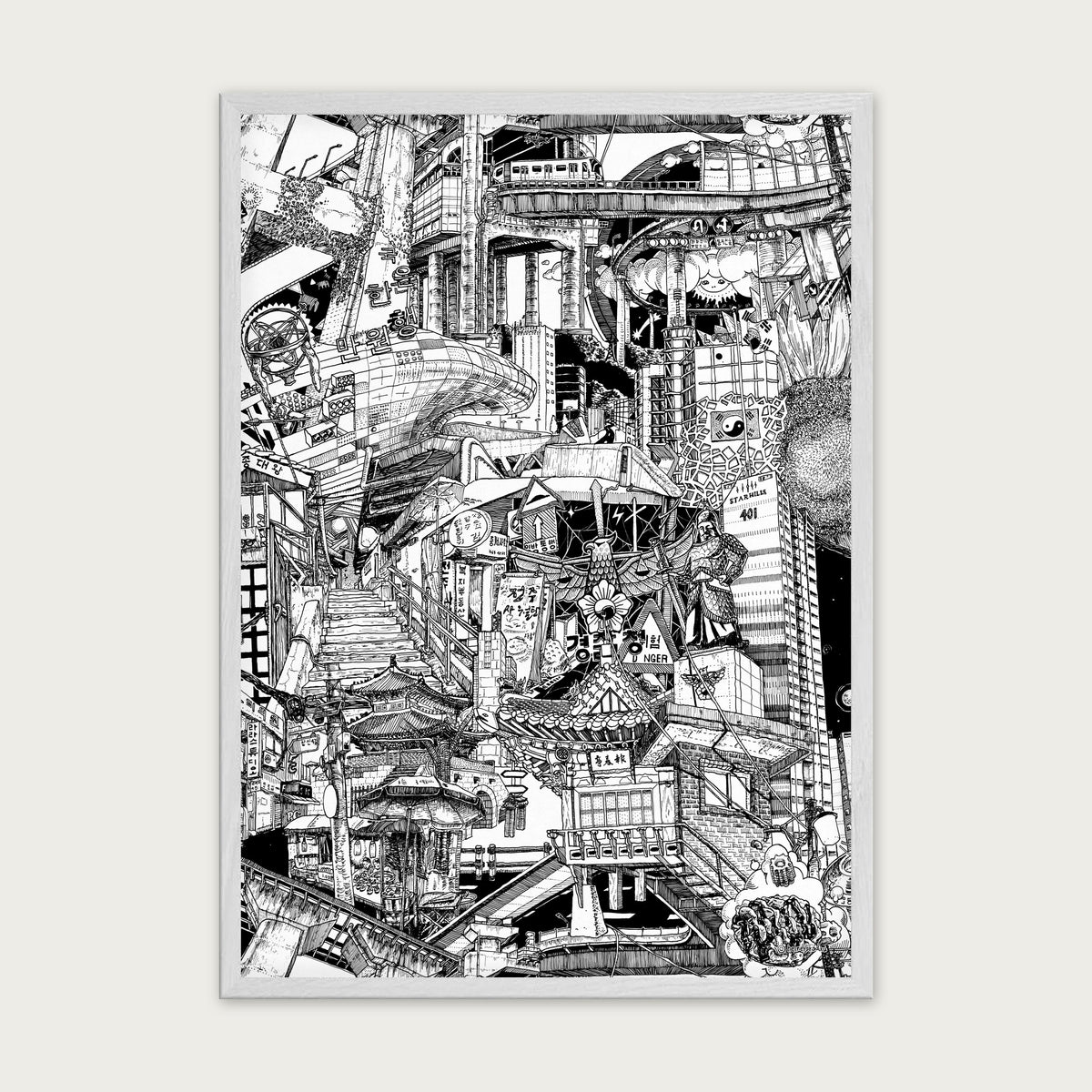 Seoul fine art poster portrait in a white wood frame with plexiglass