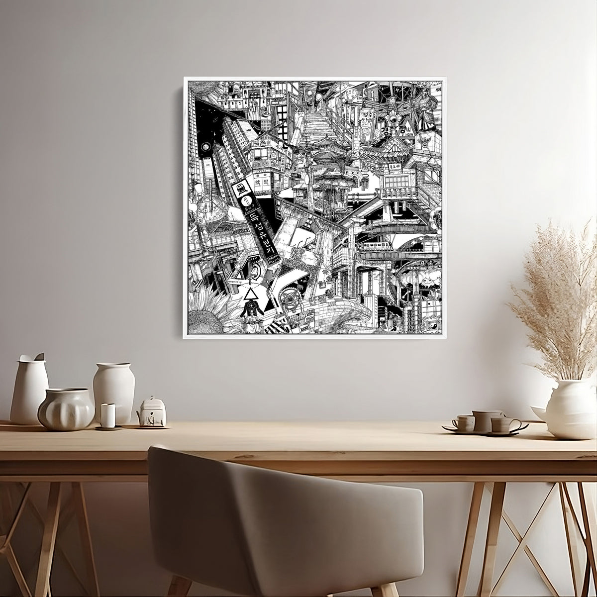 White-framed Seoul canvas highlighting street art-inspired details, local architecture, and vibrant urban scenes of the Korean capital.