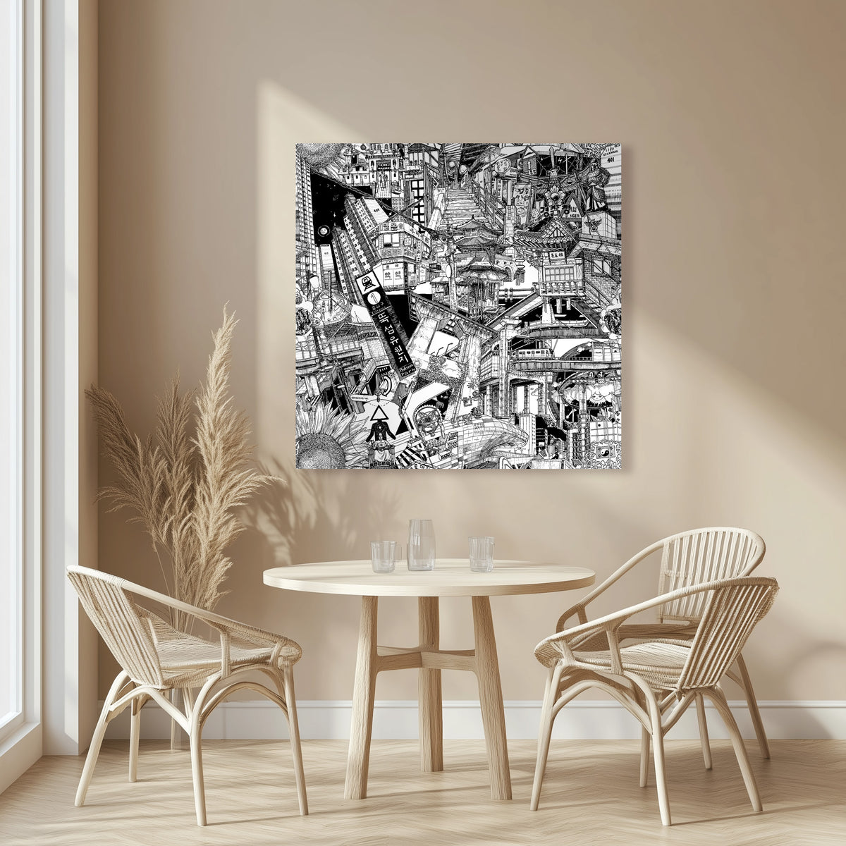 Large hand-drawn Seoul skyline canvas, featuring intricate cityscape details of skyscrapers, subway crossings, and street food stalls.