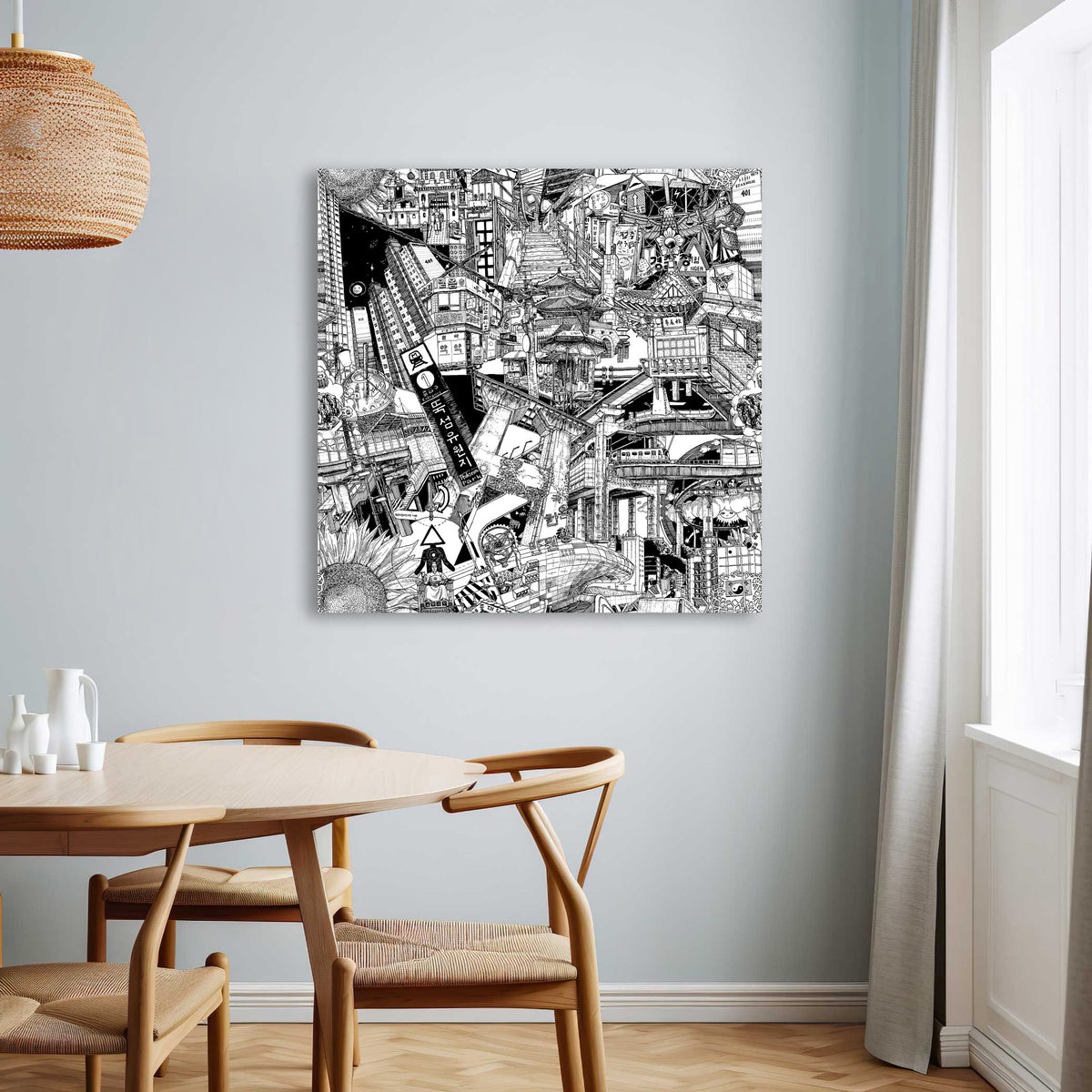 Black-and-white Seoul canvas showcasing vibrant cityscapes with the Dongdaemun Design Plaza, local houses, and skyscrapers.
