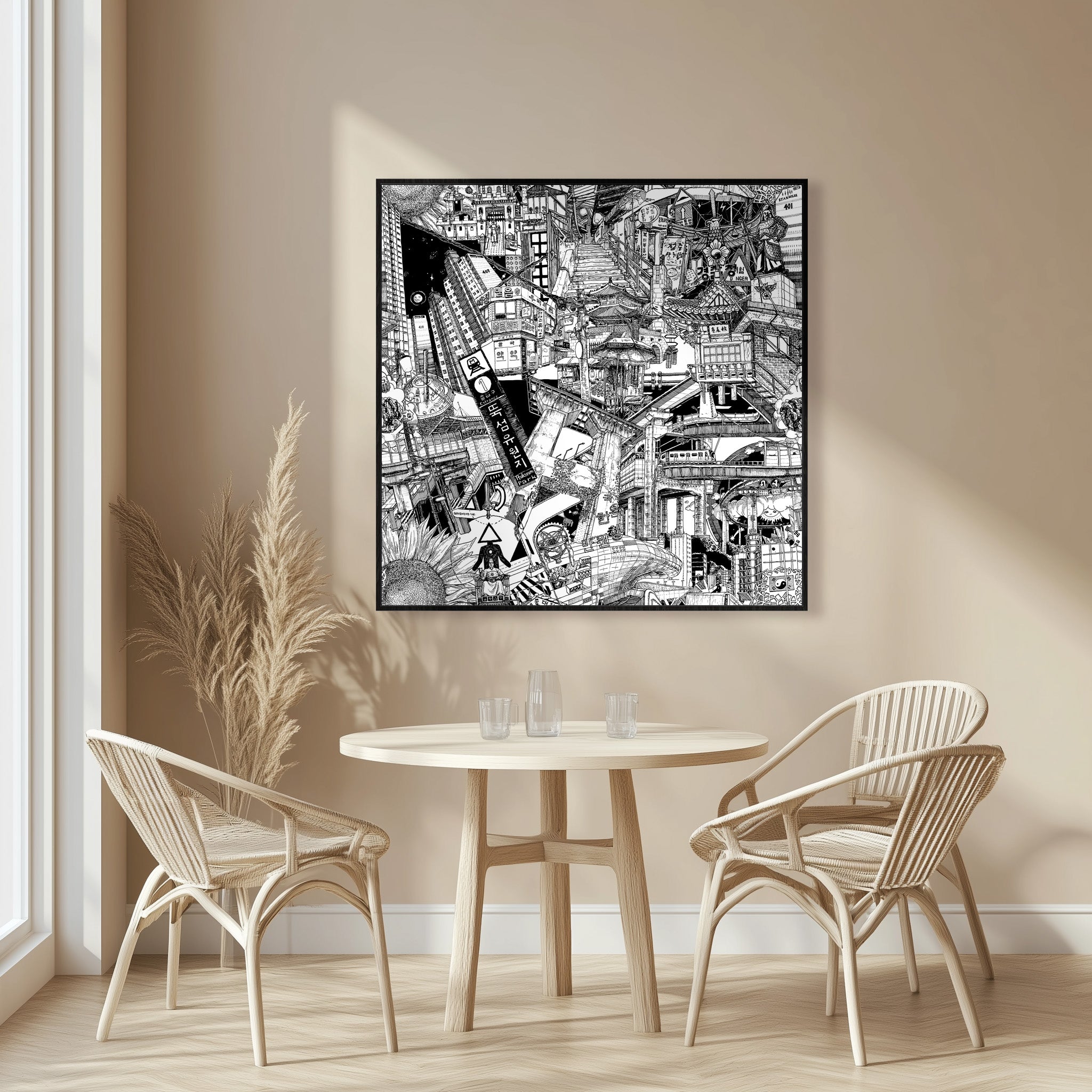 Framed urban art of Seoul with bold black details highlighting iconic Korean letters and the buzzing city atmosphere.