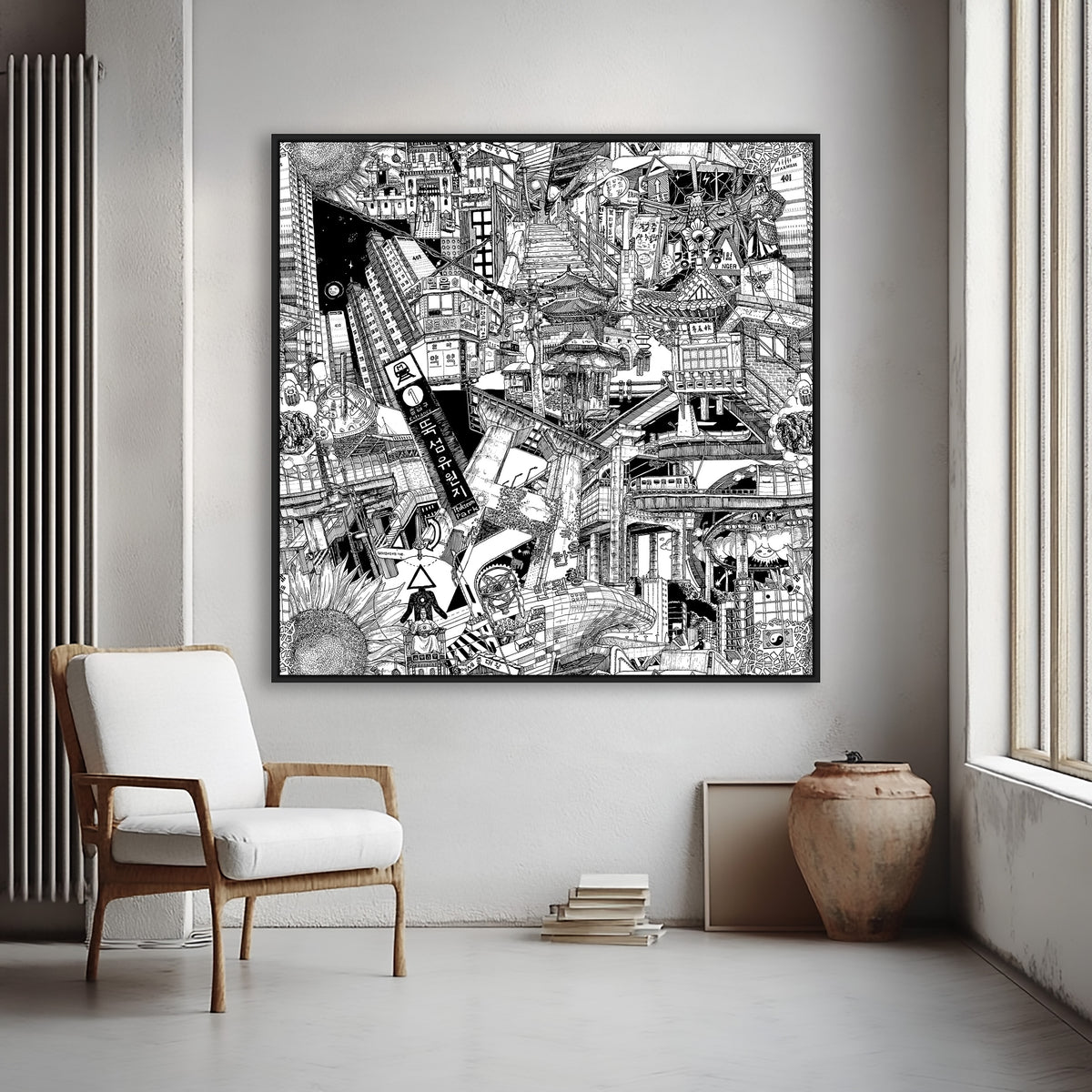 Seoul urban art in a large black frame, showcasing Korean letters, local houses, and statues from the city’s lively streets.