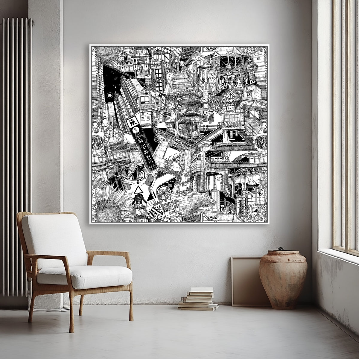 White-framed Seoul skyline canvas capturing street art-inspired details and a buzzing urban spirit of the modern Korean capital.
