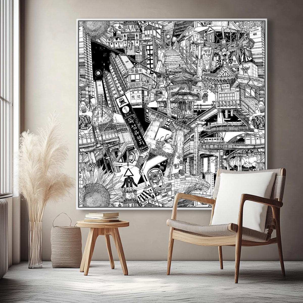 Large white-framed Seoul canvas blending modern architecture, vibrant cityscapes, and street art for stylish urban interiors.