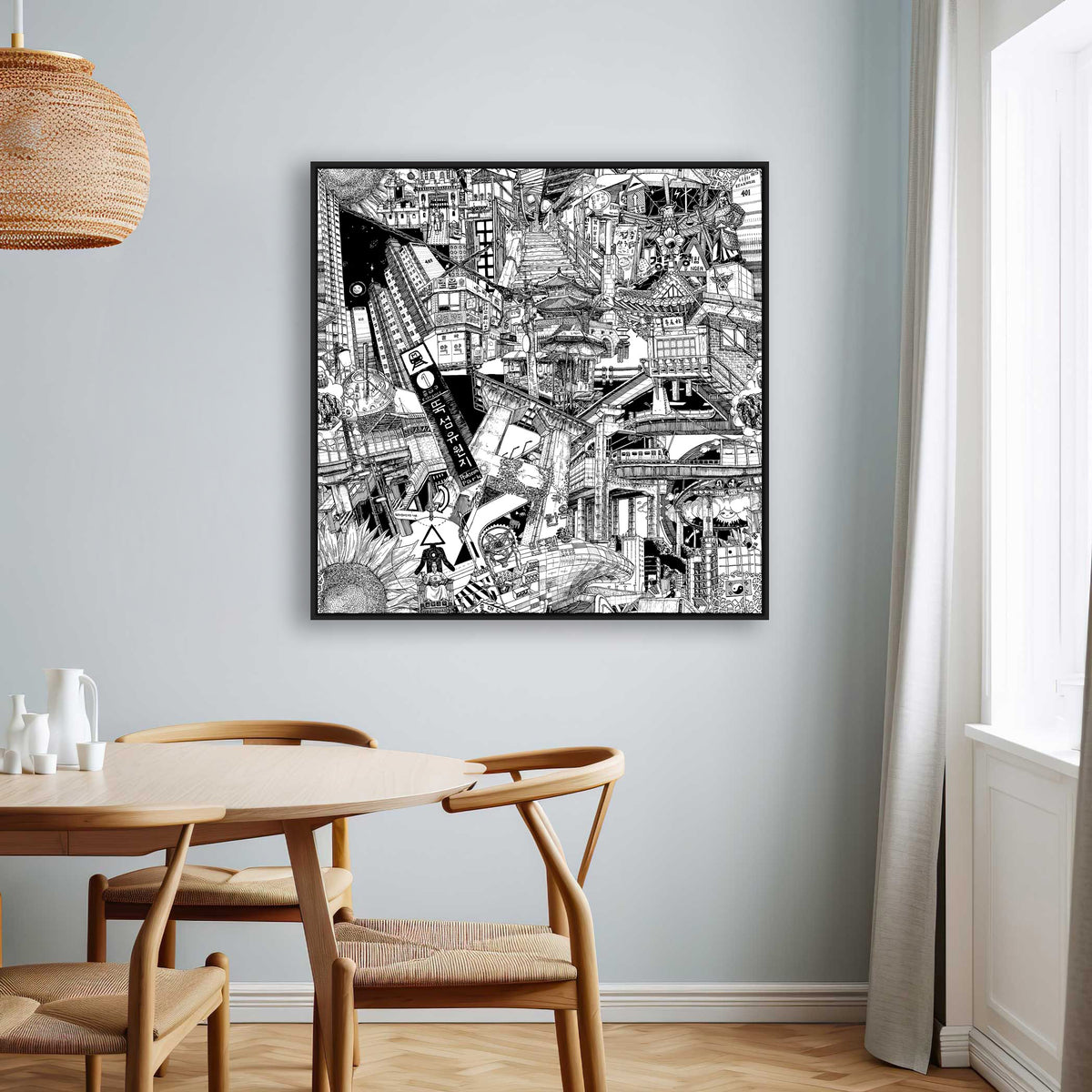 Seoul urban art in a black frame featuring the skyline, statues, and modern architecture. A stylish decor piece for cityscape lovers.