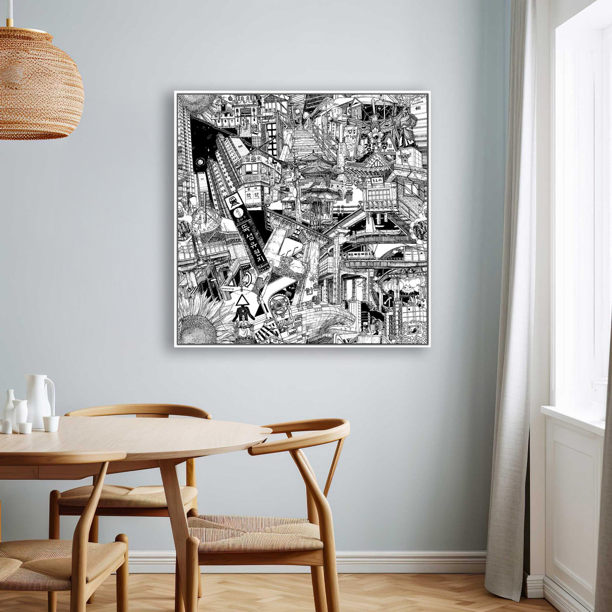 White-framed Seoul canvas capturing vibrant street art details and local cityscapes with a modern Korean capital vibe.