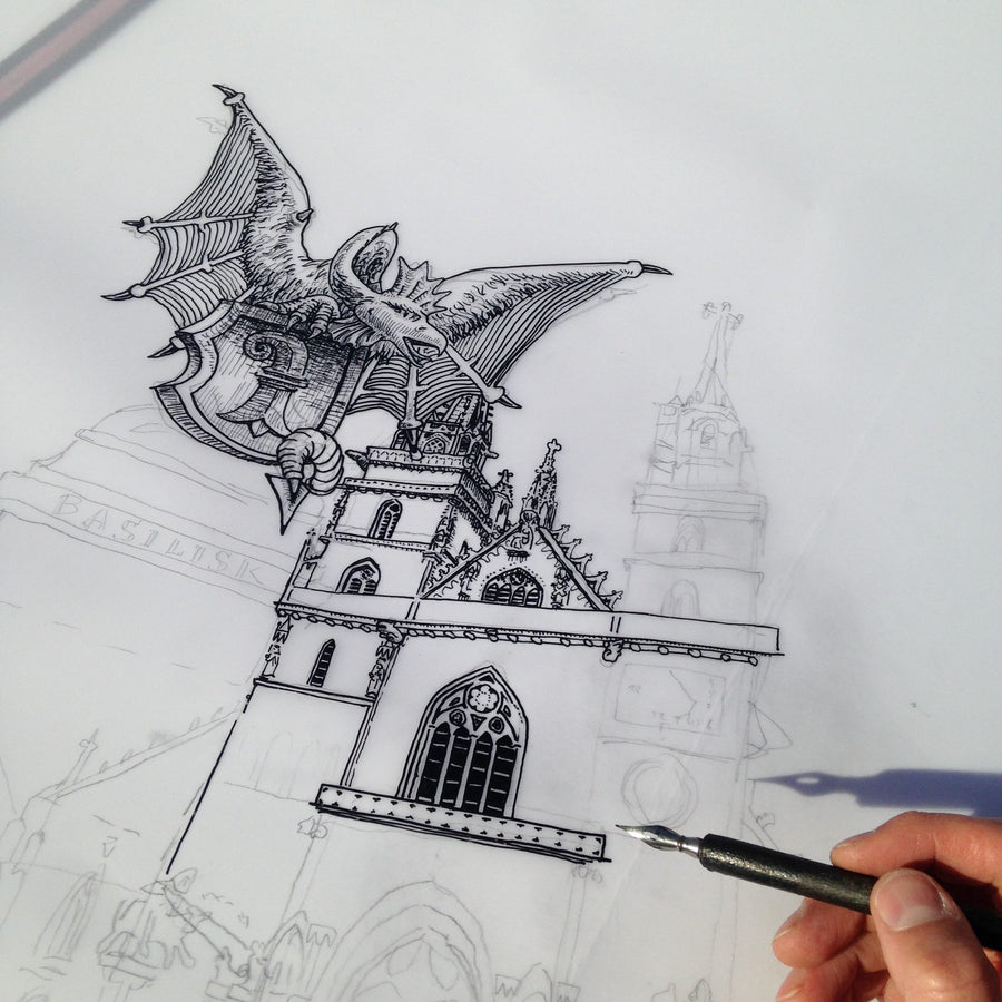 Heiner Radau drawing on location in Basel