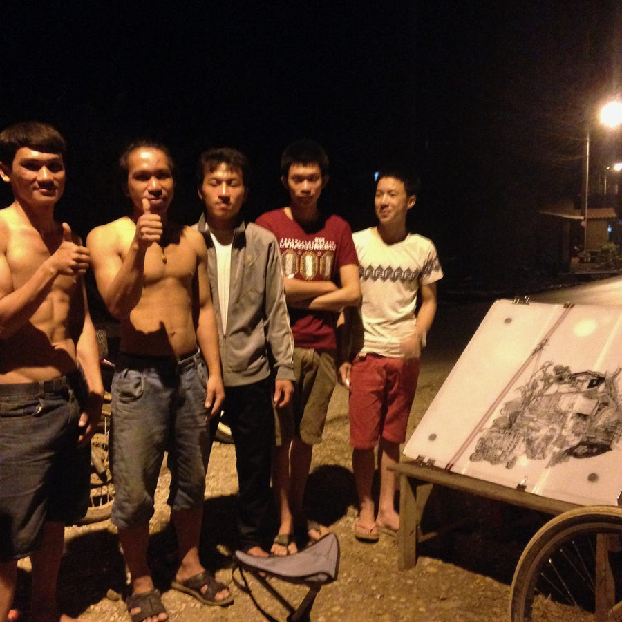 Heiner Radau drawing on location in Luang Prabang, Laos