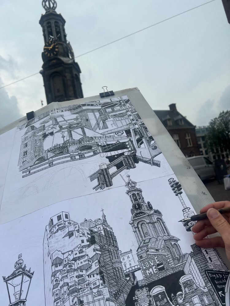 Drawing the Munttoren – Heiner Radau, Travel & Draw Amsterdam