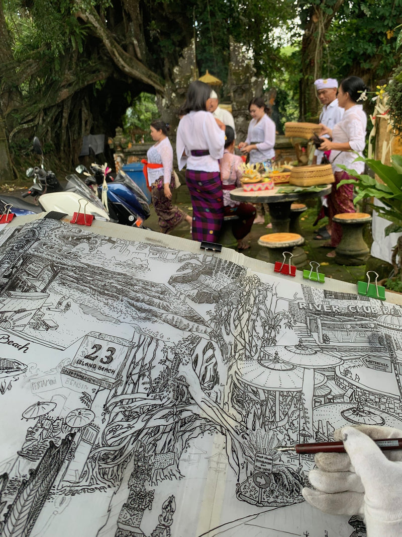 A market in Bali on paper – Heiner Radau, Travel & Draw Bali