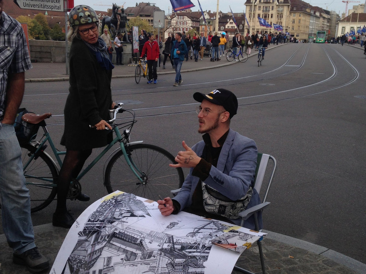 Talking on the bridge, Basel – Heiner Radau, Travel & Draw Basel
