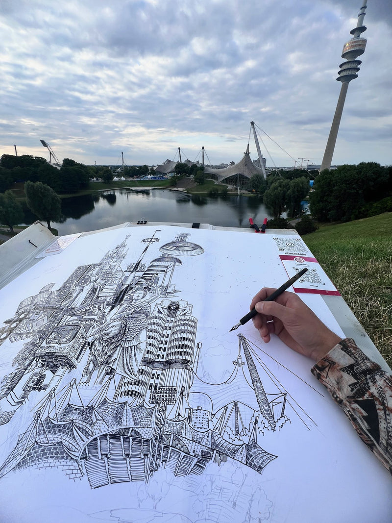 The Olympic Tower on paper, Munich – Heiner Radau, Travel & Draw Munich