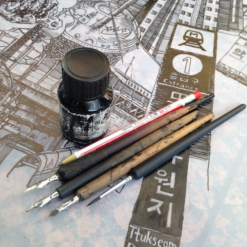 Dip pens, ink, one sheet – Heiner Radau, Travel & Draw