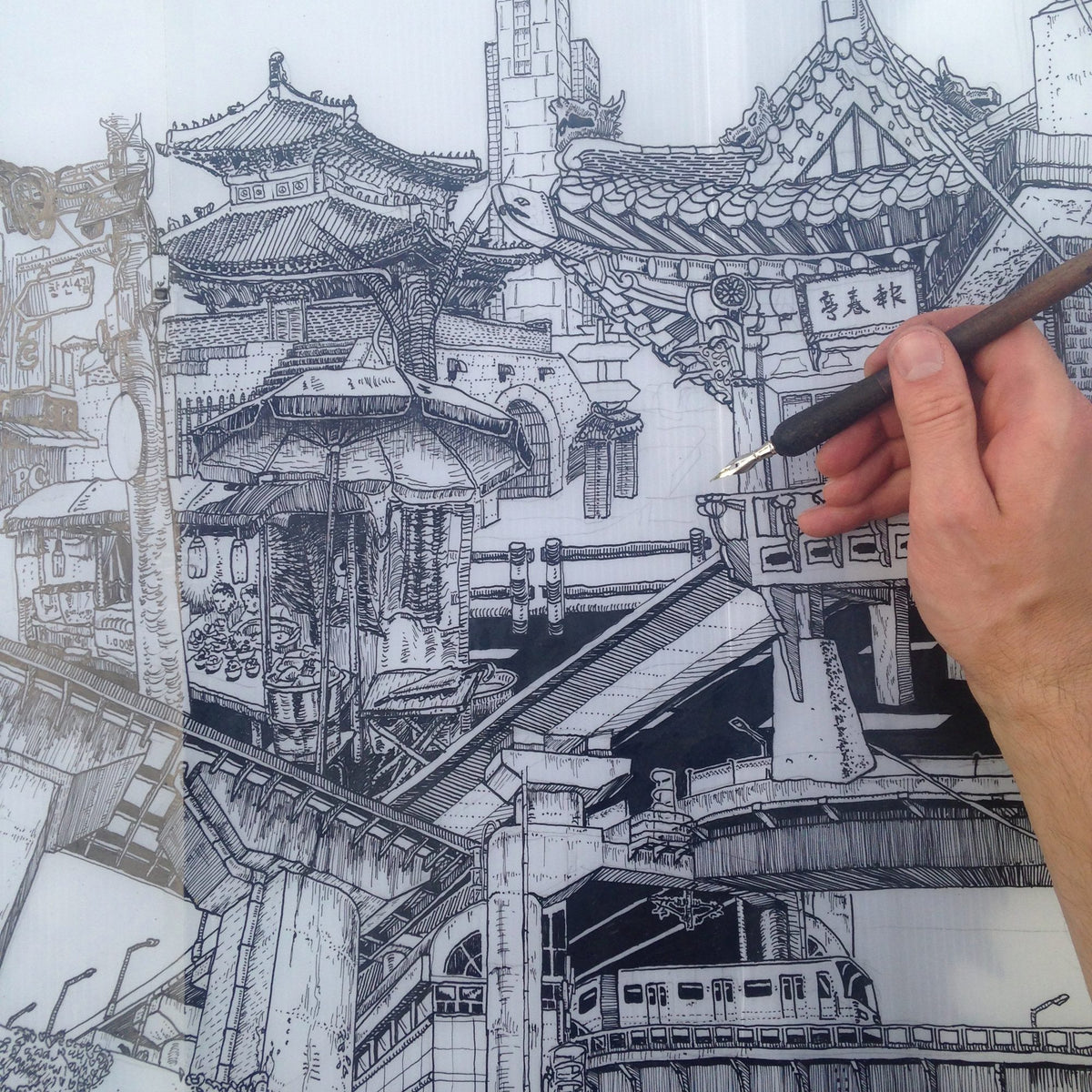 Temple roofs and subway lines – Heiner Radau, Travel & Draw Seoul