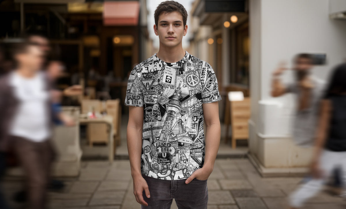 Model wearing Berlin all over print T-shirt in black and white on a city street