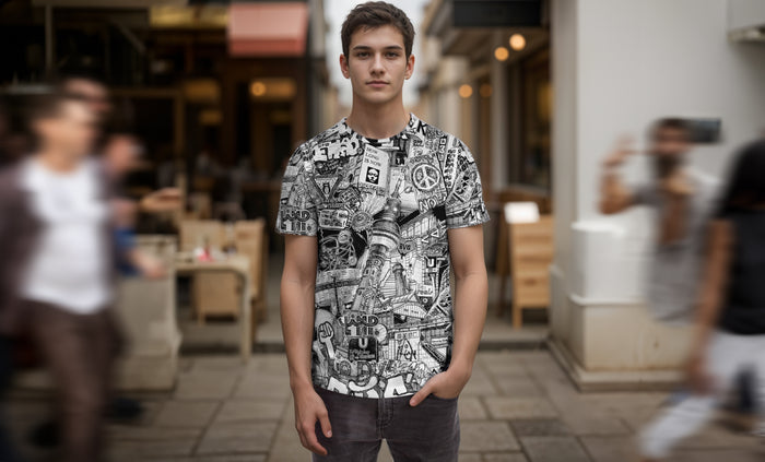Model wearing Berlin all over print T-shirt in black and white on a city street