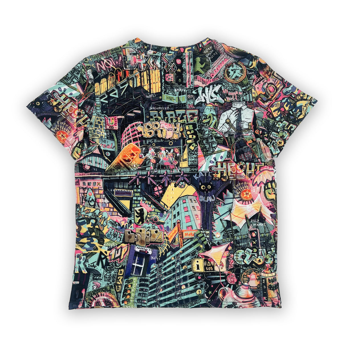Model wearing Berlin all over print T-shirt from the back with dark jeans