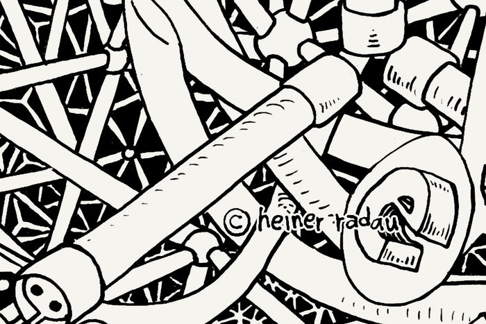 Close-up of the Universe ink drawing with the hand-written © heiner radau signature in the lower right corner