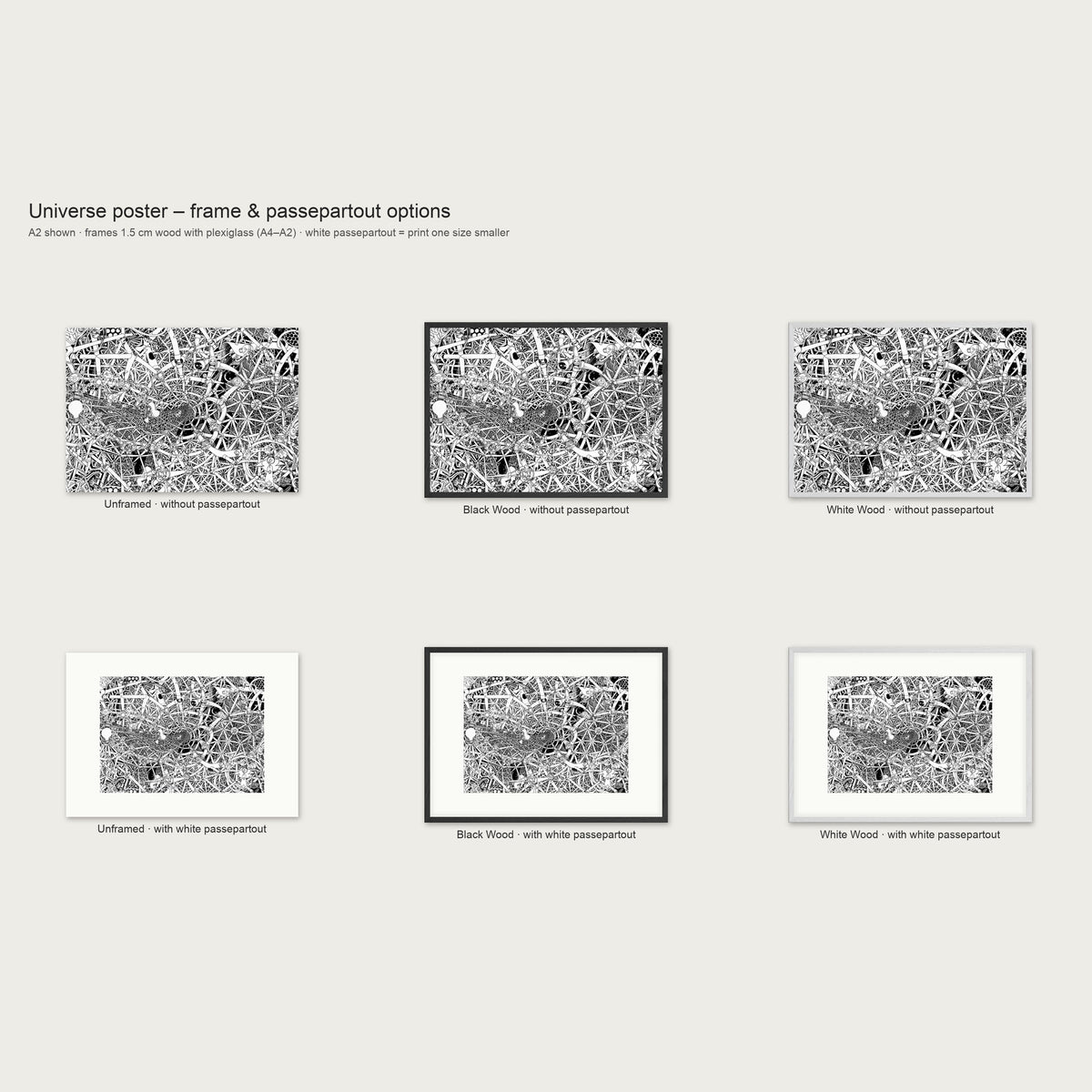 Frame and passepartout options for the Universe landscape poster: unframed, black wood or white wood, with or without white passepartout
