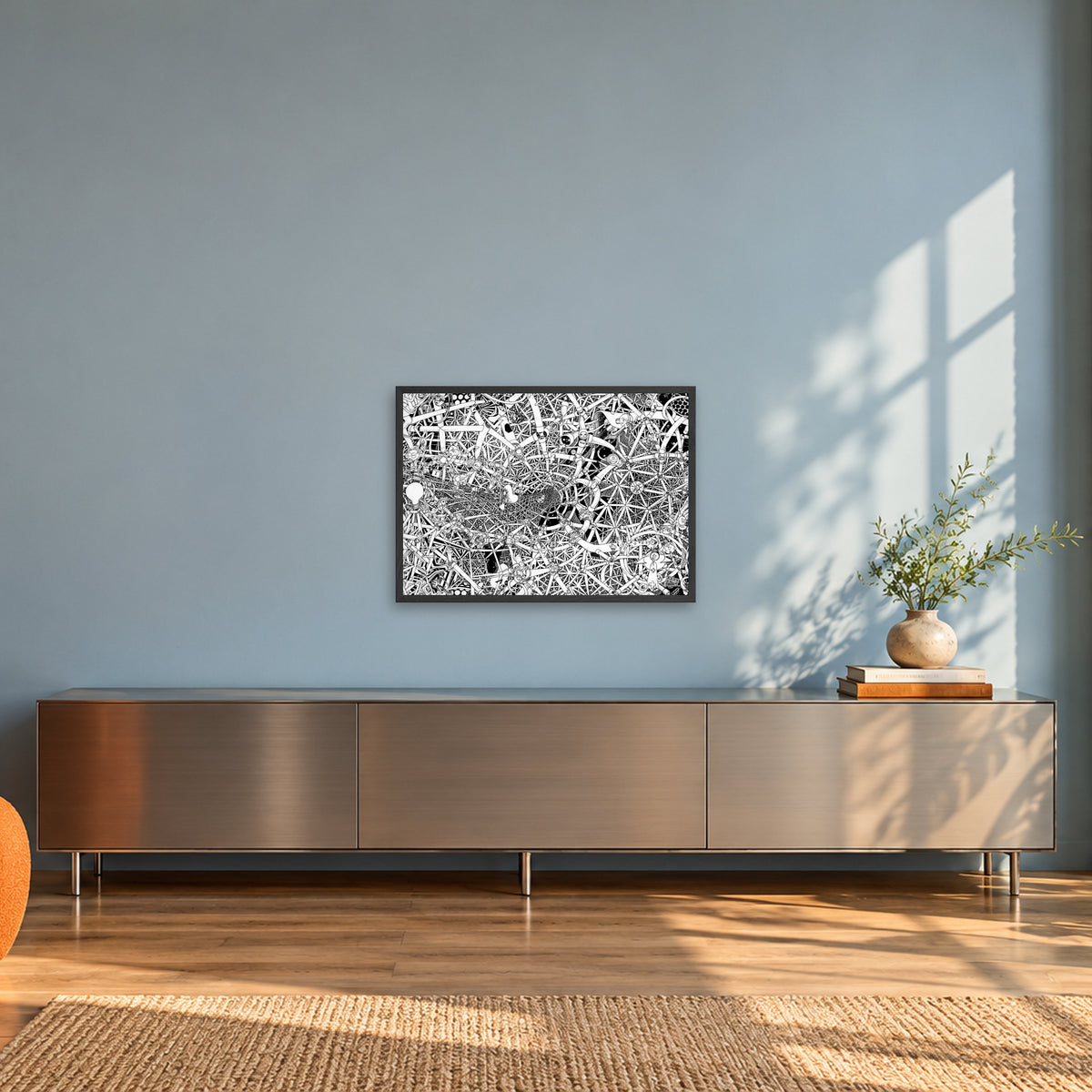 Universe fine art poster A2 landscape in a black wood frame in a sunlit loft