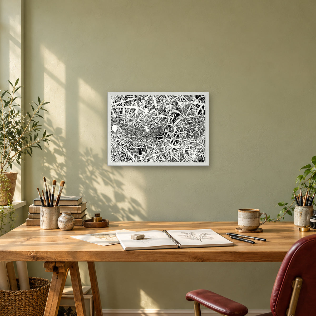 Universe fine art poster A3 landscape in a white wood frame above a drawing desk in a sage-green studio