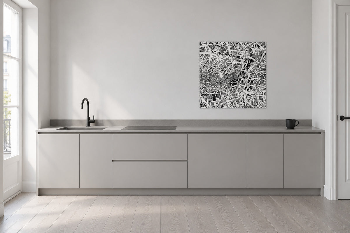 Unframed Universe fine art poster 50 × 50 cm above a kitchen counter