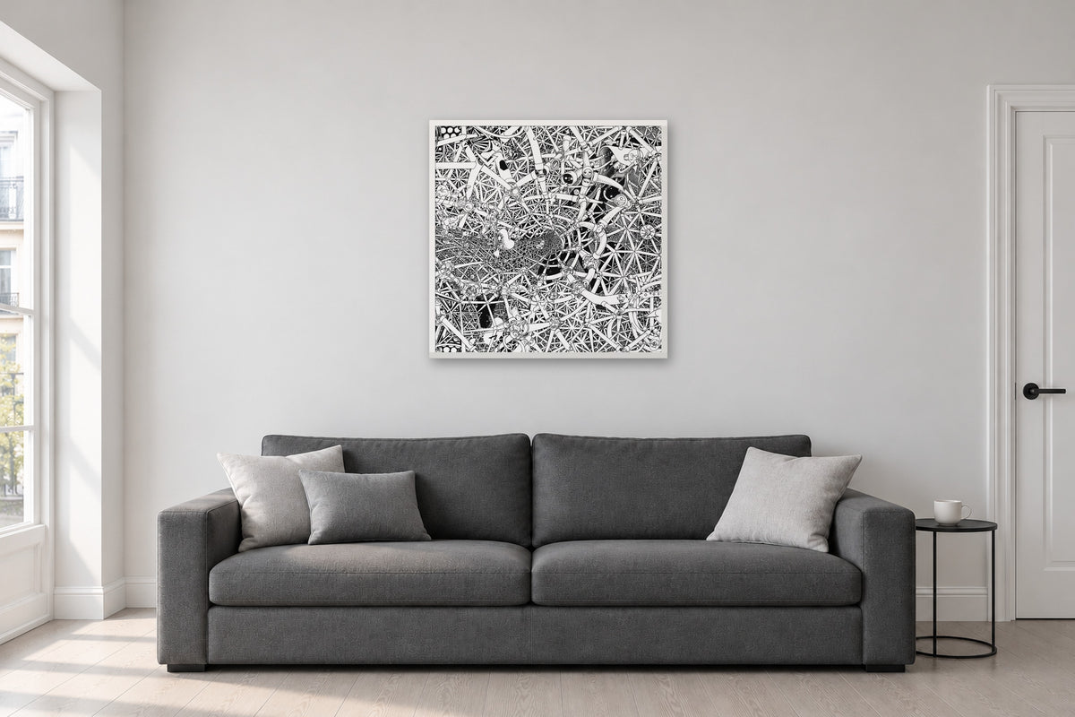 Universe fine art poster 70 × 70 cm in a white wood frame above a sofa
