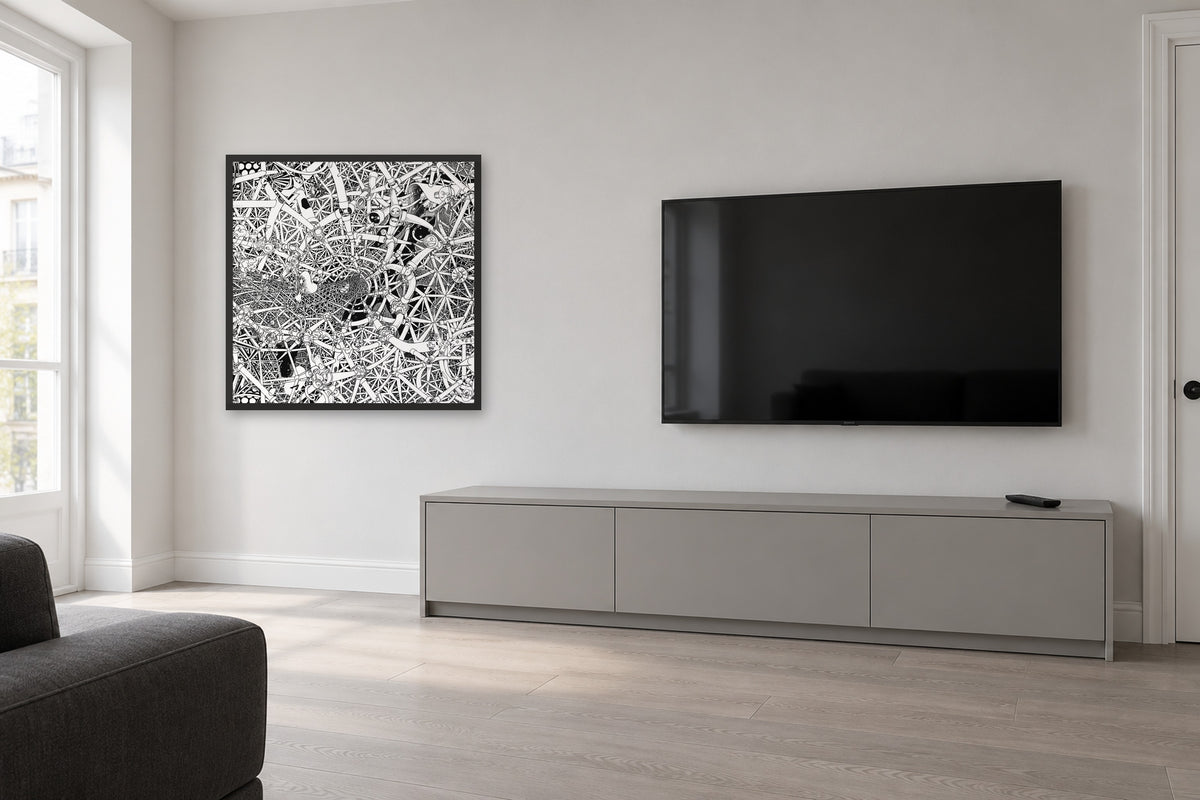 Universe fine art poster 70 × 70 cm in a black wood frame in a living room next to a TV