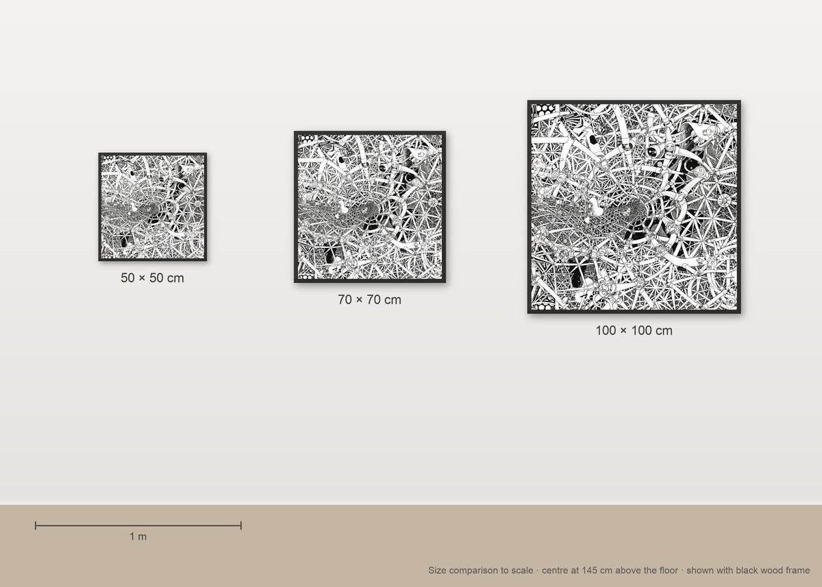 Size comparison of the Universe fine art poster in 50 × 50, 70 × 70 and 100 × 100 cm, to scale on a wall